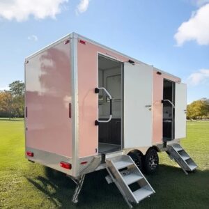 Remorque Sanitaire Mobile Double Cabine Rose – Toilettes Portables avec Escaliers